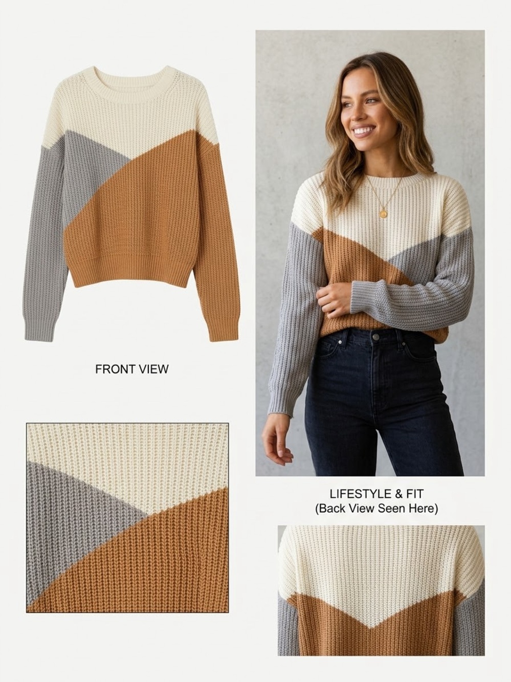 Colour Block Crewneck Sweater in Orange & Cream